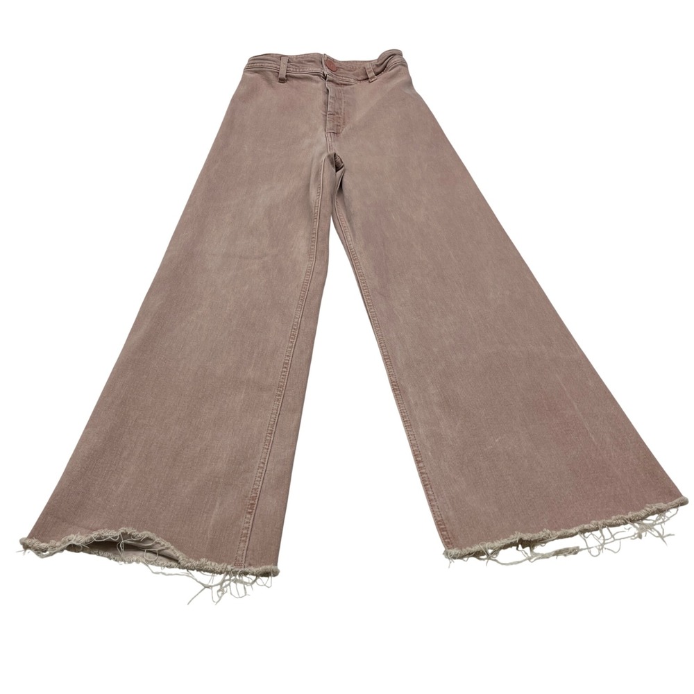 Zara Wide Leg Womens Jeans 2 Mauve Pink Denim Raw Hem‎ High Rise